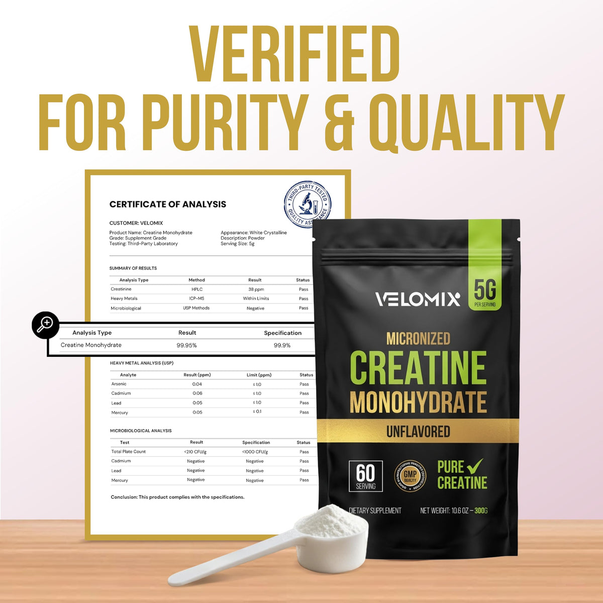 VELOMIX Micronized Creatine Monohydrate Powder - 100% Pure Creatine Powder Unflavored and Easy to Mix | Supports Muscle Growth, Recovery, and Strength | 5000mg Per Serv (5g) - 60 Servings VELOMIXBuy Supplements Australia