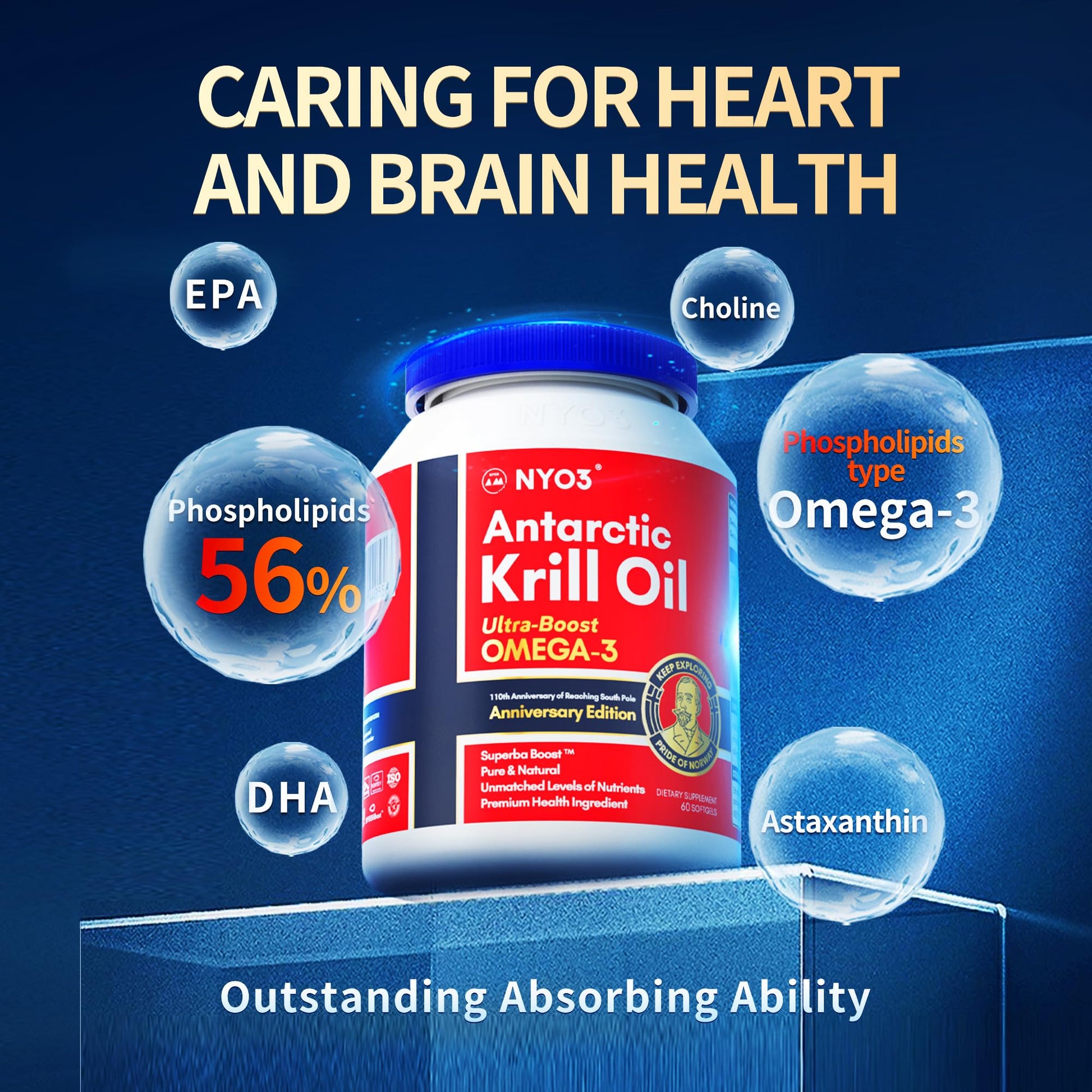 NYO3 Antarctic Krill Oil 1000mg Omega 3 Supplement, EPA & DHA, 90 Softgels Astaxanthin NYO3Buy Supplements Australia