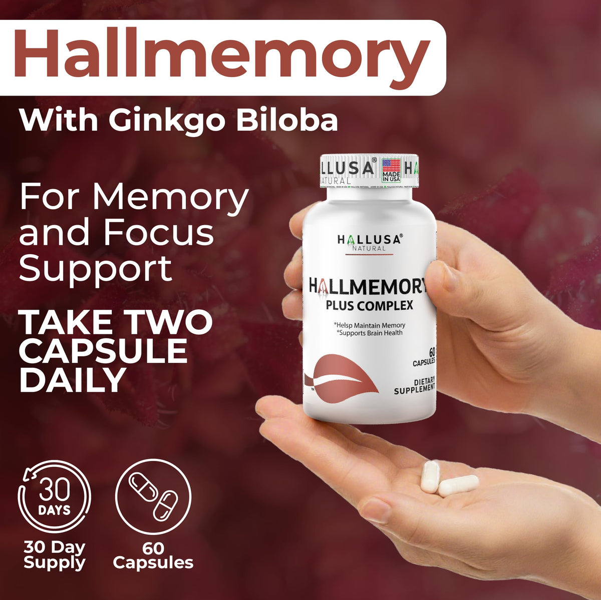 Hallusa Natural Brain Health Supplement Capsules 1680mg, Ginkgo Biloba, B Vitamins & Choline, Memory & Focus Support, Brain Booster for Men & Women, 60 Count Hallusa Natural buy supplements Au