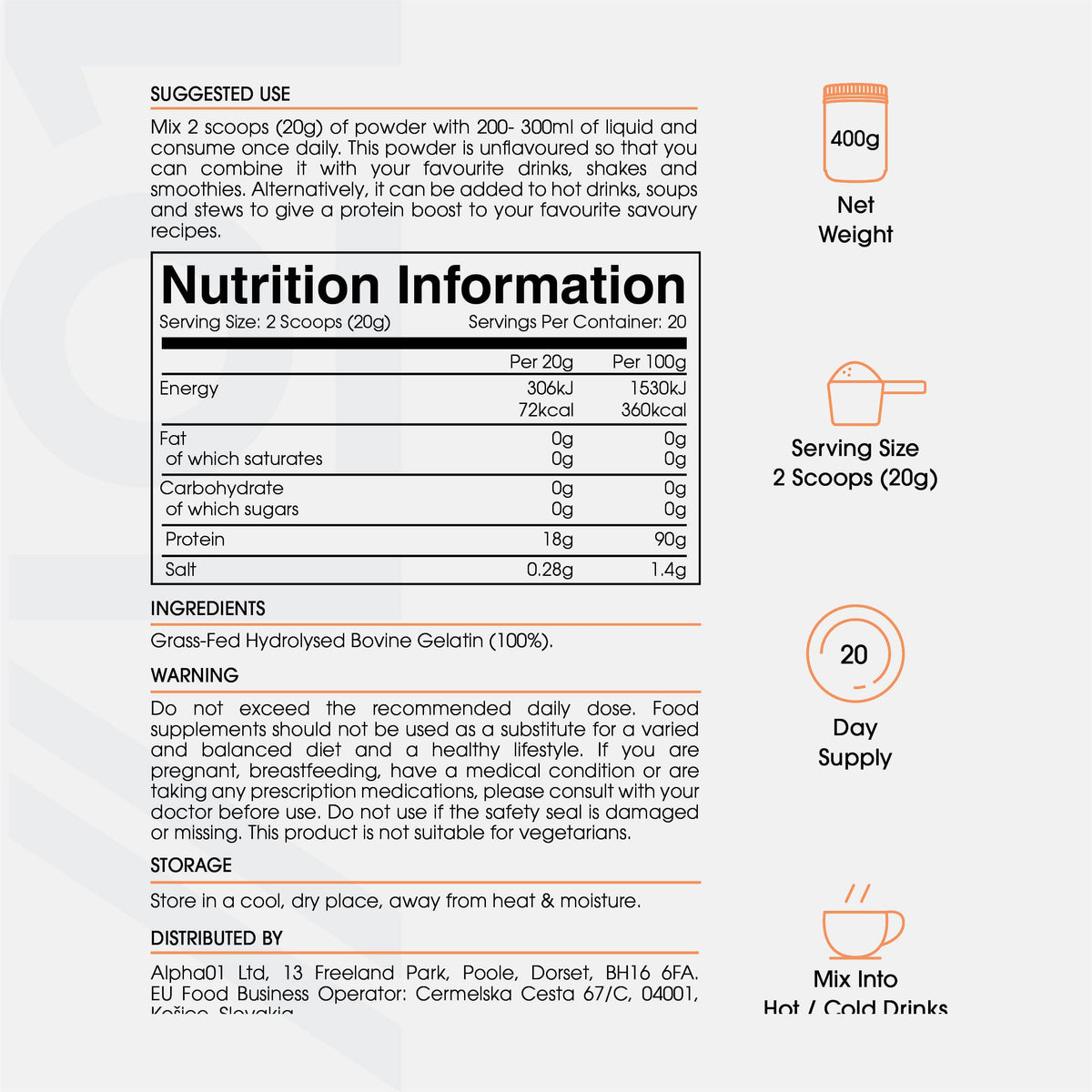 Bone Broth Beef Protein Powder - 400g - Unflavoured - 100% Grass-Fed & Pasture Raised Beef ALPHA01Buy Supplements Australia