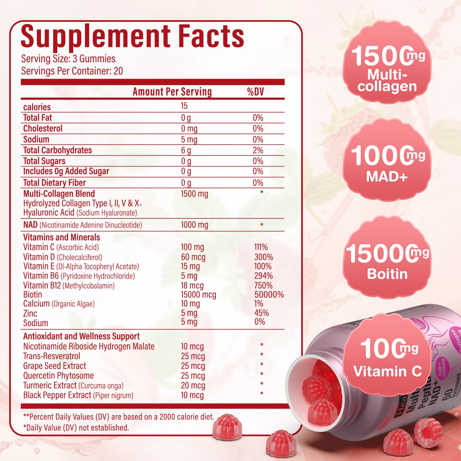 Collagen Gummies-Collagen for Women Men with 1500 mg Collagen Peptides Type I,II,III,V,X, 1000mg NAD, 15000 mcg Biotin, Daily Collagen Supplement Protein Gummies for Hair Skin Nails, Sugar Free HealthSender buy supplements Au