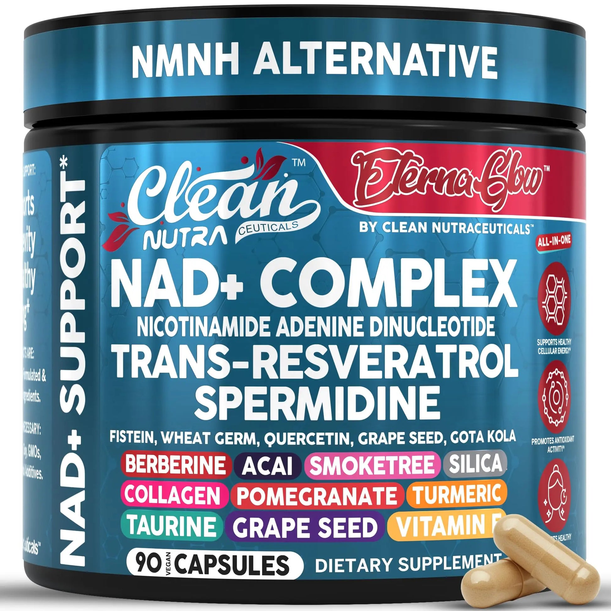 Clean NAD Supplement Resveratrol Liposomal NAD+ Spermidine Fisetin Wheat Germ Quercetin Grape Seed Extract Gotu Kola Berberine Astaxanthin Peptides for Women Energy 90 Capsules Clean NutraceuticalsBuy Supplements Australia