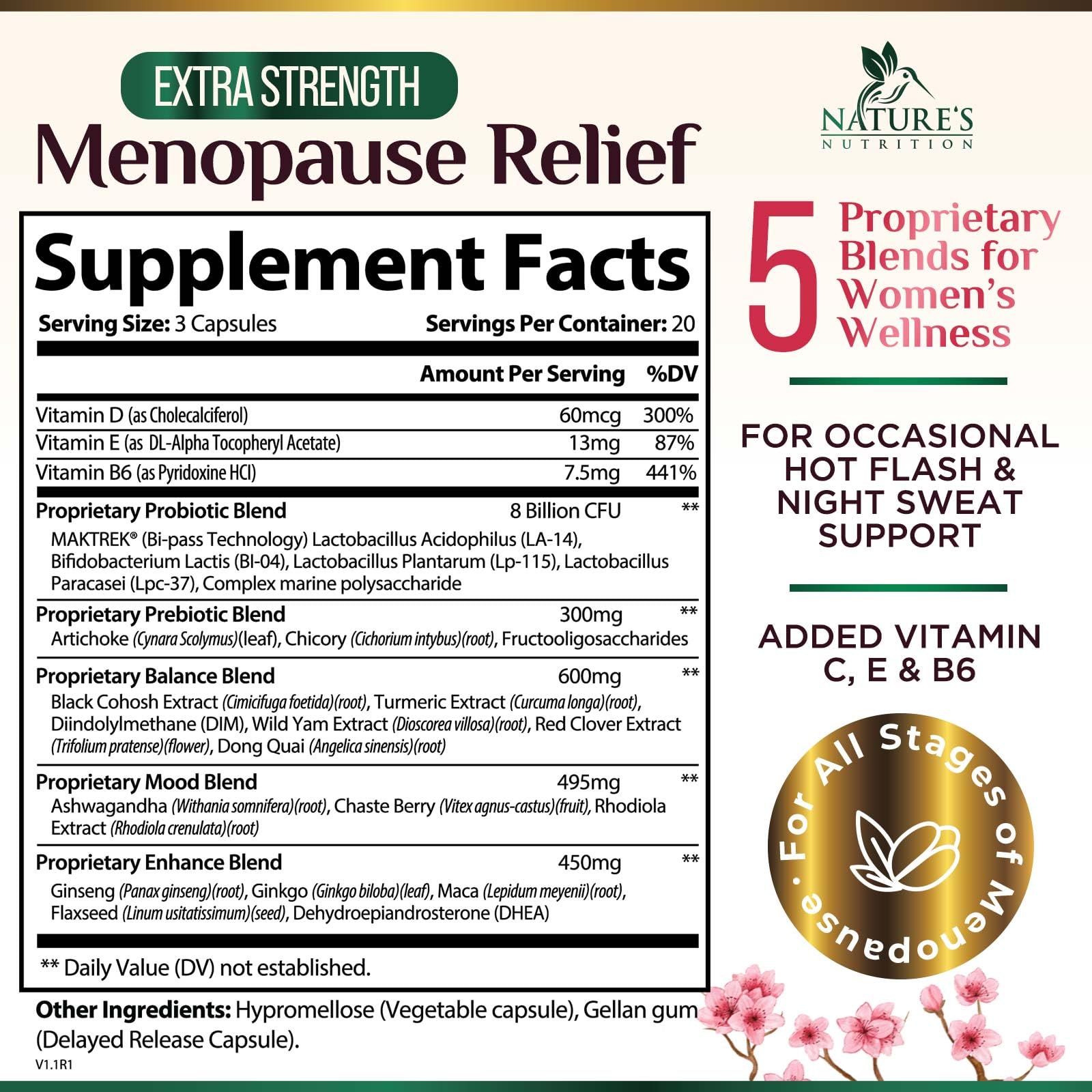 Menopause Supplement for Women - Natural Menopause Relief Support for Mild Hot Flashes & Night Sweats - Best Probiotics for Women, Dong Quai, Black Cohosh, Ashwagandha - Bottled in USA - 60 Capsules Nature's NutritionBuy Supplements Australia