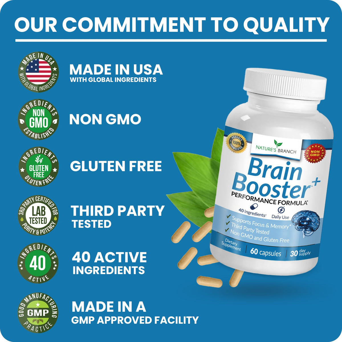 40-in-1 Brain Booster Supplement for Focus, Memory, Clarity, Energy | Advanced Vitamins Plus eBook | for Men & Women, Cognitive Function Nootropic Support with DMAE, Mind Health Formula | 60 Capsules NATURE'S BRANCHBuy Supplements Australia