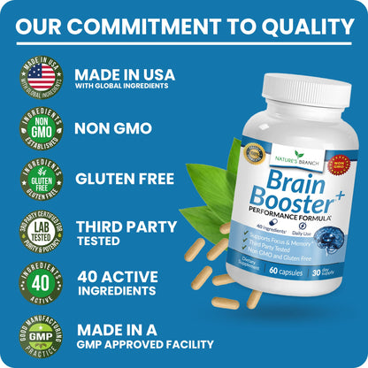 40-in-1 Brain Booster Supplement for Focus, Memory, Clarity, Energy | Advanced Vitamins Plus eBook | for Men & Women, Cognitive Function Nootropic Support with DMAE, Mind Health Formula | 60 Capsules NATURE'S BRANCHBuy Supplements Australia