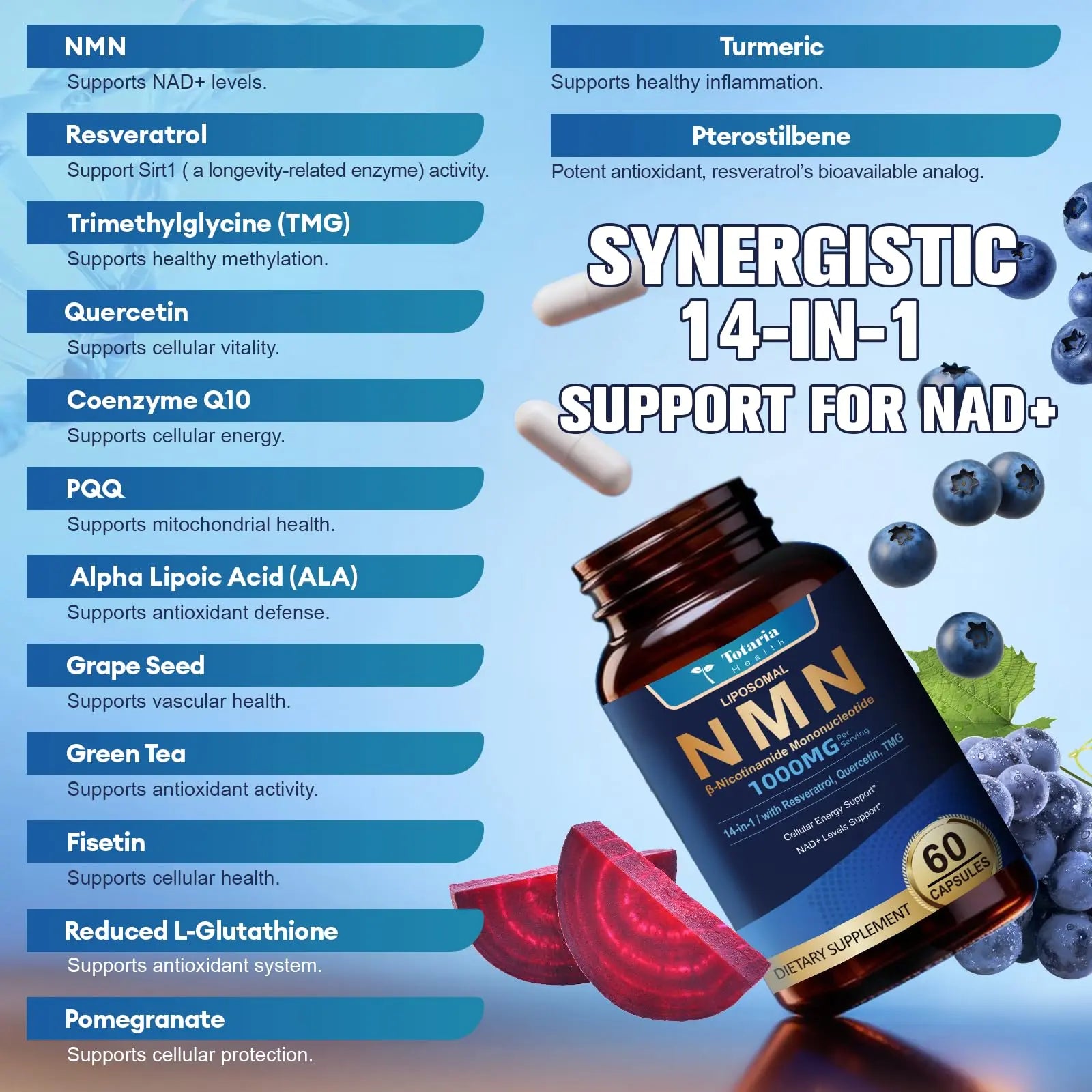 Totaria Liposomal NMN Supplement 1000mg, 14-in-1 NMN Resveratrol Complex with CoQ10, TMG, Quercetin, ALA, PQQ, Support NAD Levels, Cellular Energy & Healthy Aging, 60 Capsules, cGMP, Filler Free TotariaBuy Supplements Australia