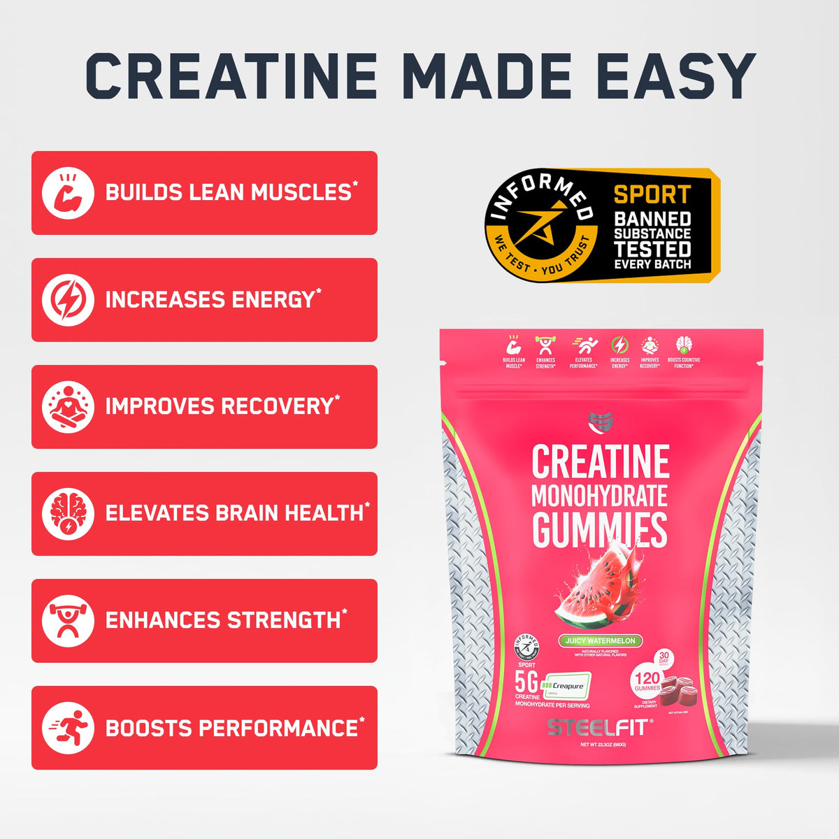 SteelFit Creapure Creatine Monohydrate Gummies for Men & Women, Juicy Watermelon - Gym Workout Nutritional Supplements for Muscle Gain, Brain Health & Strength Building Dietary Supplement, 120 Gummies SteelFitBuy Supplements Australia