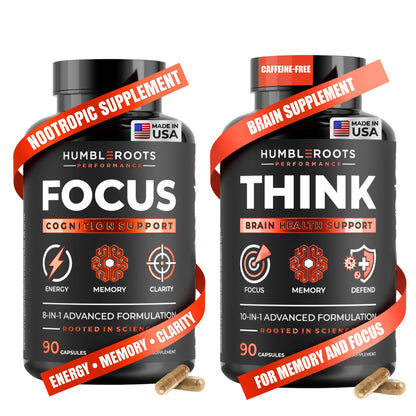 Two bottles of Humble Roots supplements labeled 'Focus' and 'Think' on a white background.