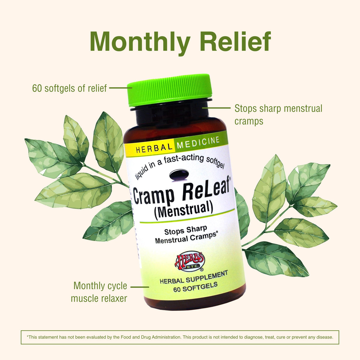 Herbs Etc. Cramp ReLeaf (Menstrual) - Abdominal Muscle Support - Herbal Supplement to Aid Menstrual Health - Period Cramp Support with Black Haw, Cramp Bark and Bethroot - 60 Softgels (60 Servings) Herbs Etc.Buy Supplements Australia