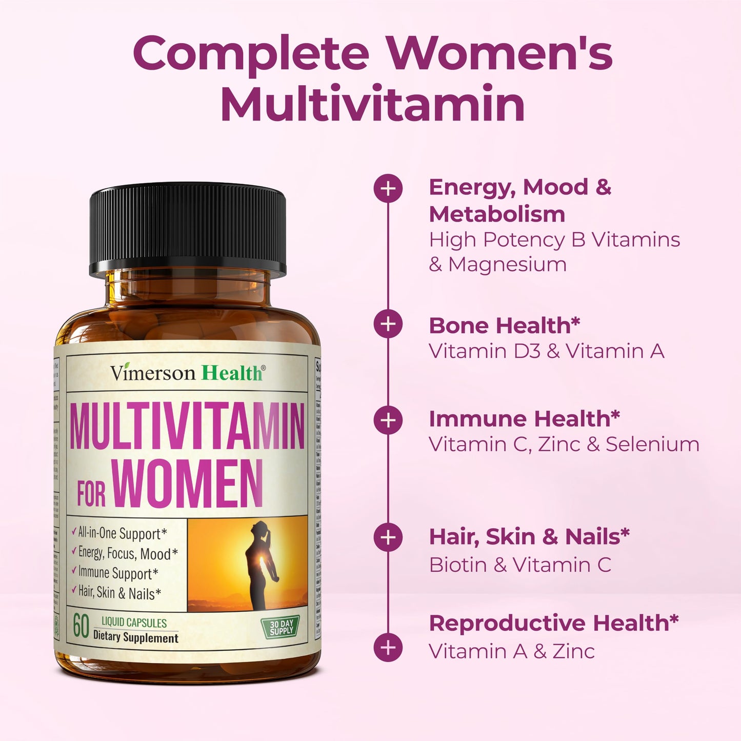 Multivitamin for Women with Bioavailable Vitamins, Minerals, Vitamin D, B12, C, A & Zinc for Energy, Focus and Immune Health – Premium Womens Multivitamins & Multiminerals – 60 Liquid Caps Vimerson HealthBuy Supplements Australia