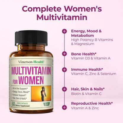 Multivitamin for Women with Bioavailable Vitamins, Minerals, Vitamin D, B12, C, A & Zinc for Energy, Focus and Immune Health – Premium Womens Multivitamins & Multiminerals – 60 Liquid Caps Vimerson HealthBuy Supplements Australia