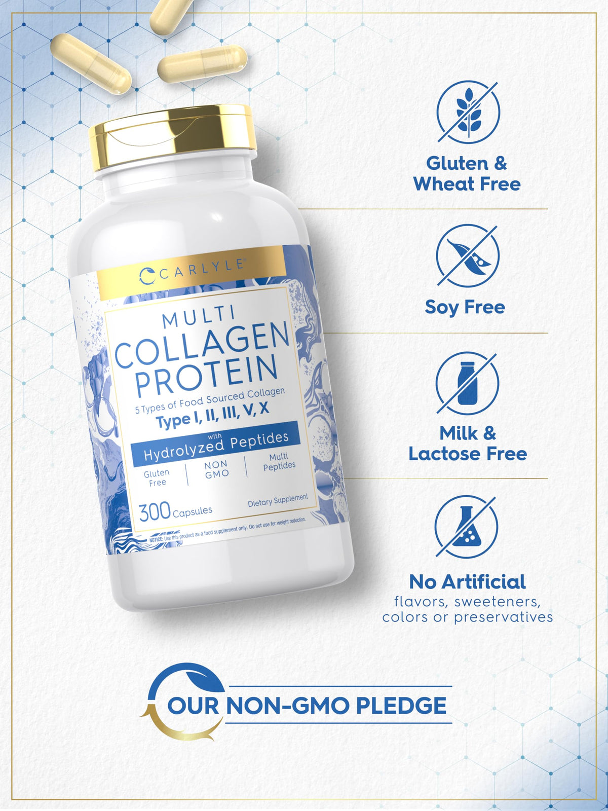 Carlyle Multi Collagen Protein Capsules 2000mg | 300 Count | Type I, II, III, V, X | Collagen Peptide Pills | Keto & Paleo Friendly