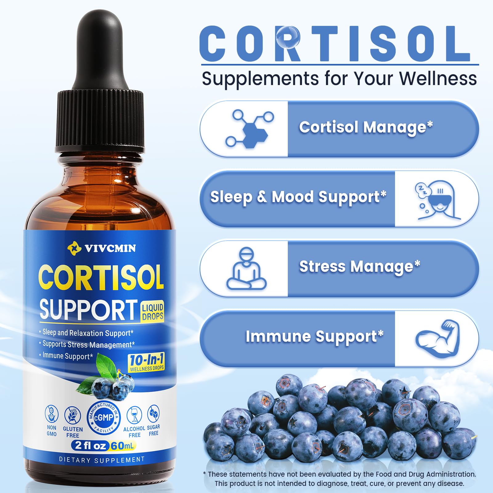 vivcmin 10 in 1 Cortisol Supplements for Women & Men, Cortisol Reducer with Ashwagandha, Magnesium, L-Theanine, Hormone Balance Drops - Sleep & Mood Support, 2 Fl Oz, Blueberry Flavor vivcminBuy Supplements Australia