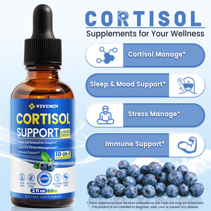 vivcmin 10 in 1 Cortisol Supplements for Women & Men, Cortisol Reducer with Ashwagandha, Magnesium, L-Theanine, Hormone Balance Drops - Sleep & Mood Support, 2 Fl Oz, Blueberry Flavor vivcminBuy Supplements Australia