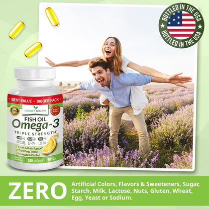 Triple Strength Omega 3 Fish Oil Supplements 2400mg | 180 Capsules, Burpless High Potency Lemon Flavor, High EPA DHA for Men & Women Ultra Pure Softgels