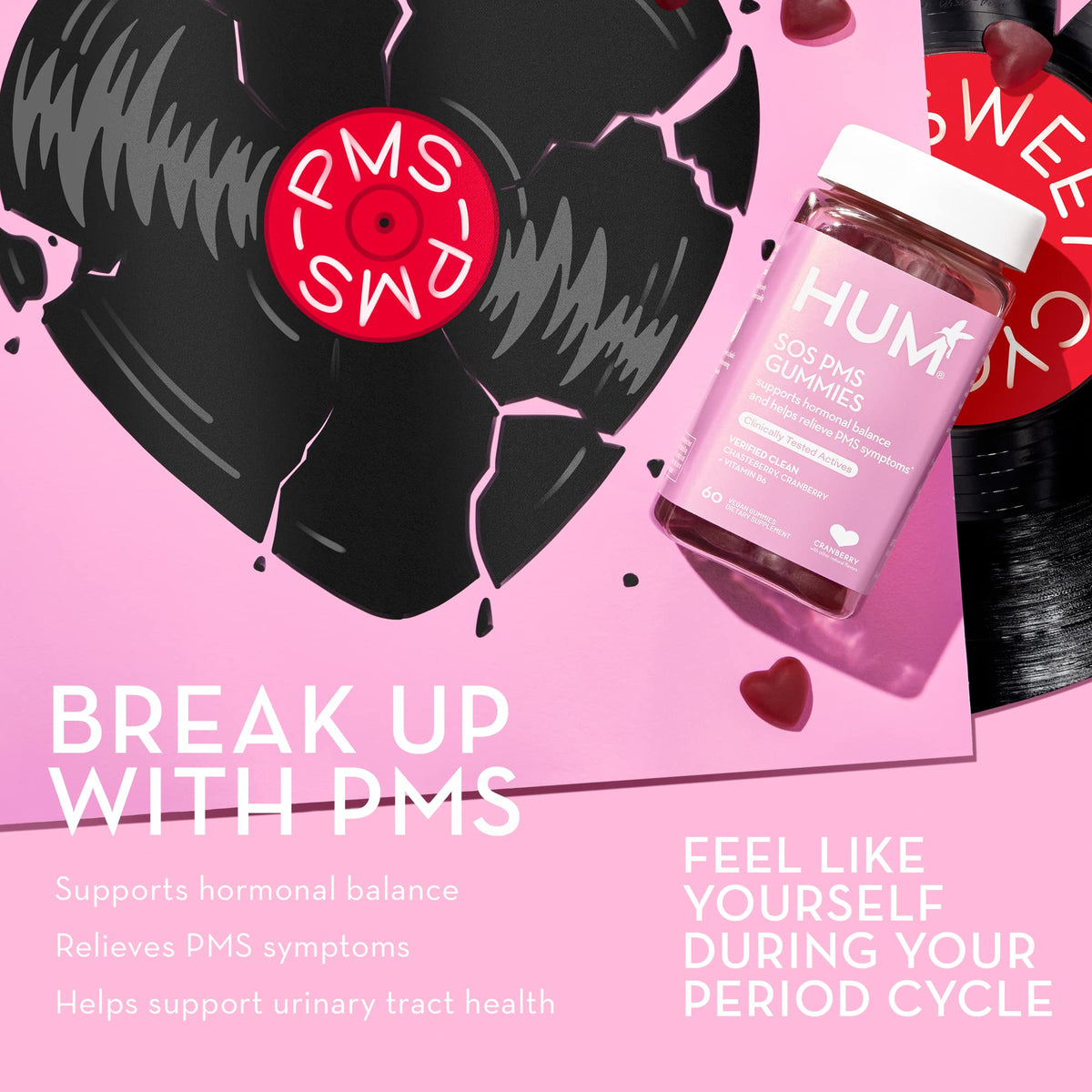 HUM Nutrition SOS PMS Gummies, PMS Support Supplement for Women, Support Cycle Symptoms, Bloating, Hormonal Balance, Includes Vitamin B6, Cranberry & Chasteberry Vitex, Gluten Free, 60 Vegan Gummies HUMBuy Supplements Australia