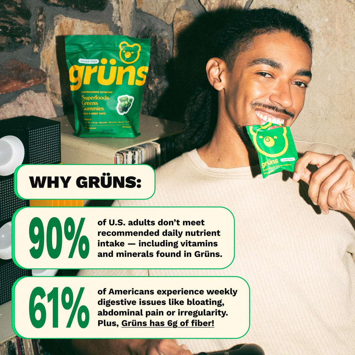 Gruns Adult Super Greens Multivitamin Gummies, Superfood Gummy Vitamins for Women and Men with Spirulina, Chlorella
