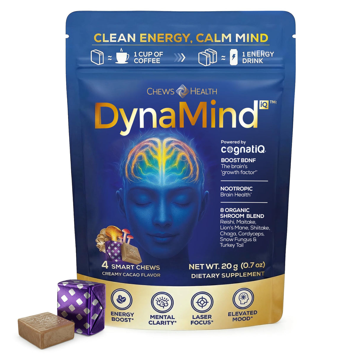 DynaMind iQ Brain Supplement for Memory and Focus for Adults - Nootropic Chews | Coffee Fruit & Mushroom Supplement Blend, Memory Focus Supplement, Caffeine Focus Pills Alternative, 4 Count CHEWSHEALTHBuy Supplements Australia