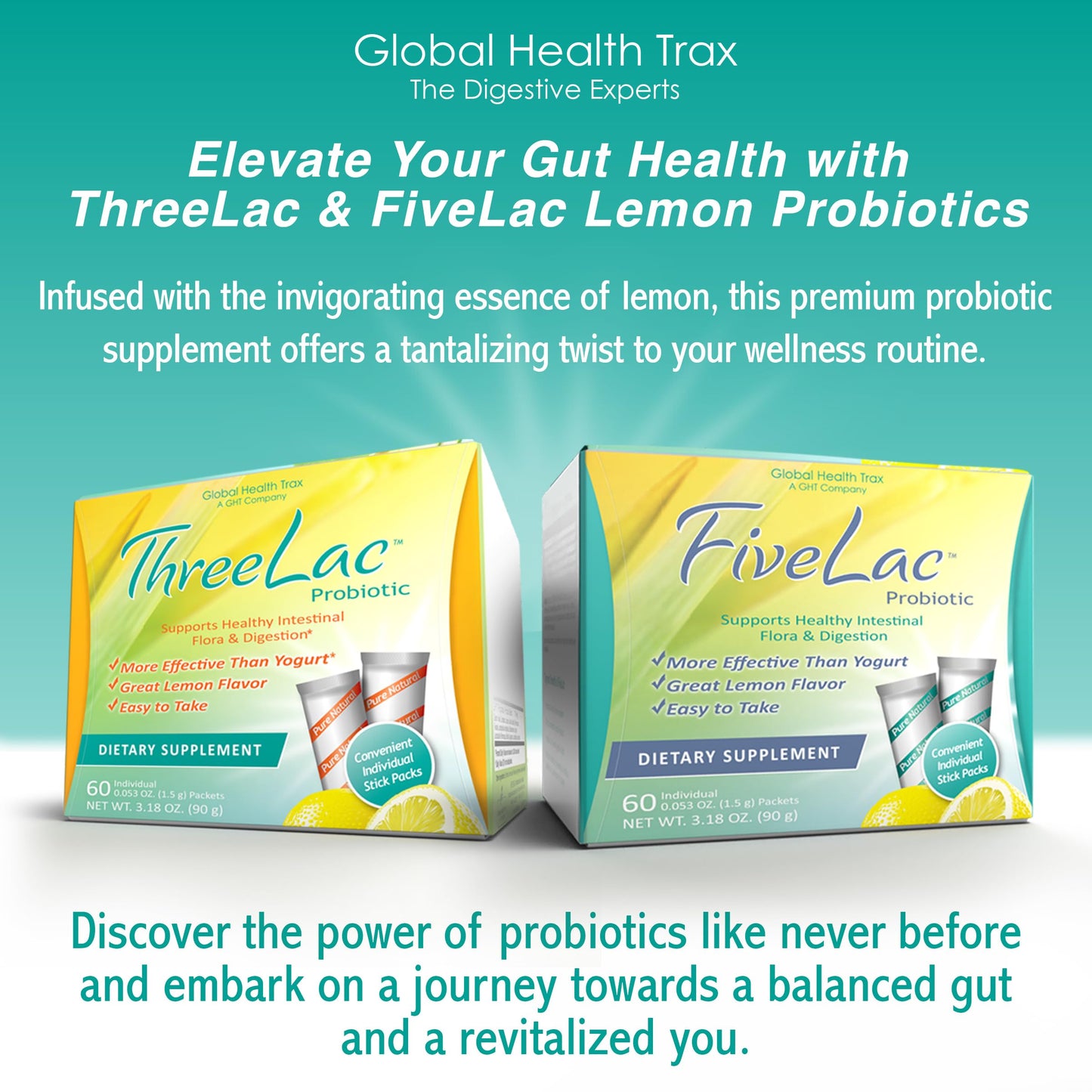 Global Health Trax GHT - FiveLac + Threelac Lemon Probiotic Powder Drink Mix, Probiotics for Women, Men, Kids, Smooth Digestive Support & Elimination, Relieves Constipation & Gas - 60 Packets, Non-GMO ght Global Health TraxBuy Supplements Australia