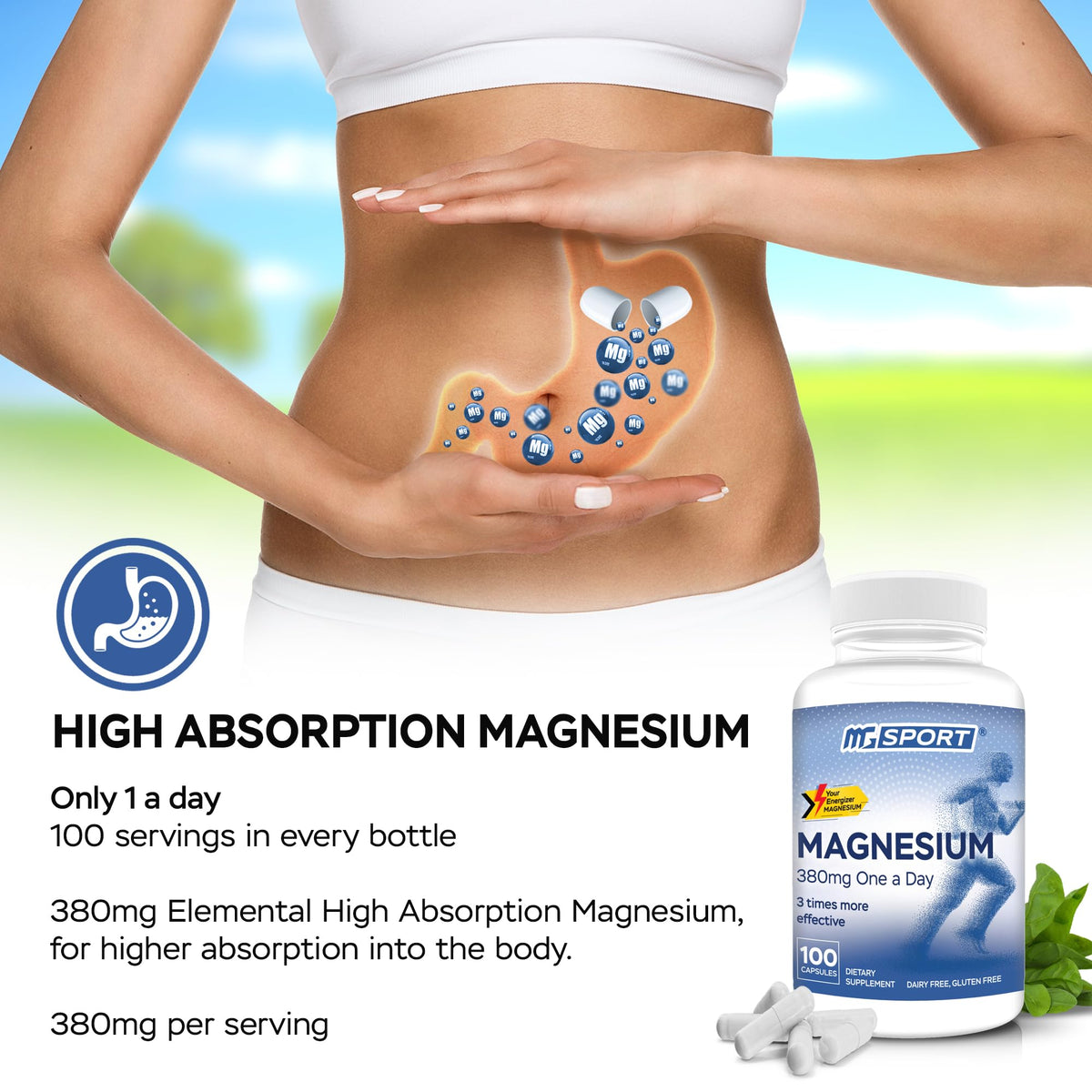 MGSPORT Magnesium Supplement 380mg - High Absorption Magnesium Complex Formula with Vitamins B6, D, E - Supports Muscle Function and Sleep Quality - 100 Servings MgSportBuy Supplements Australia