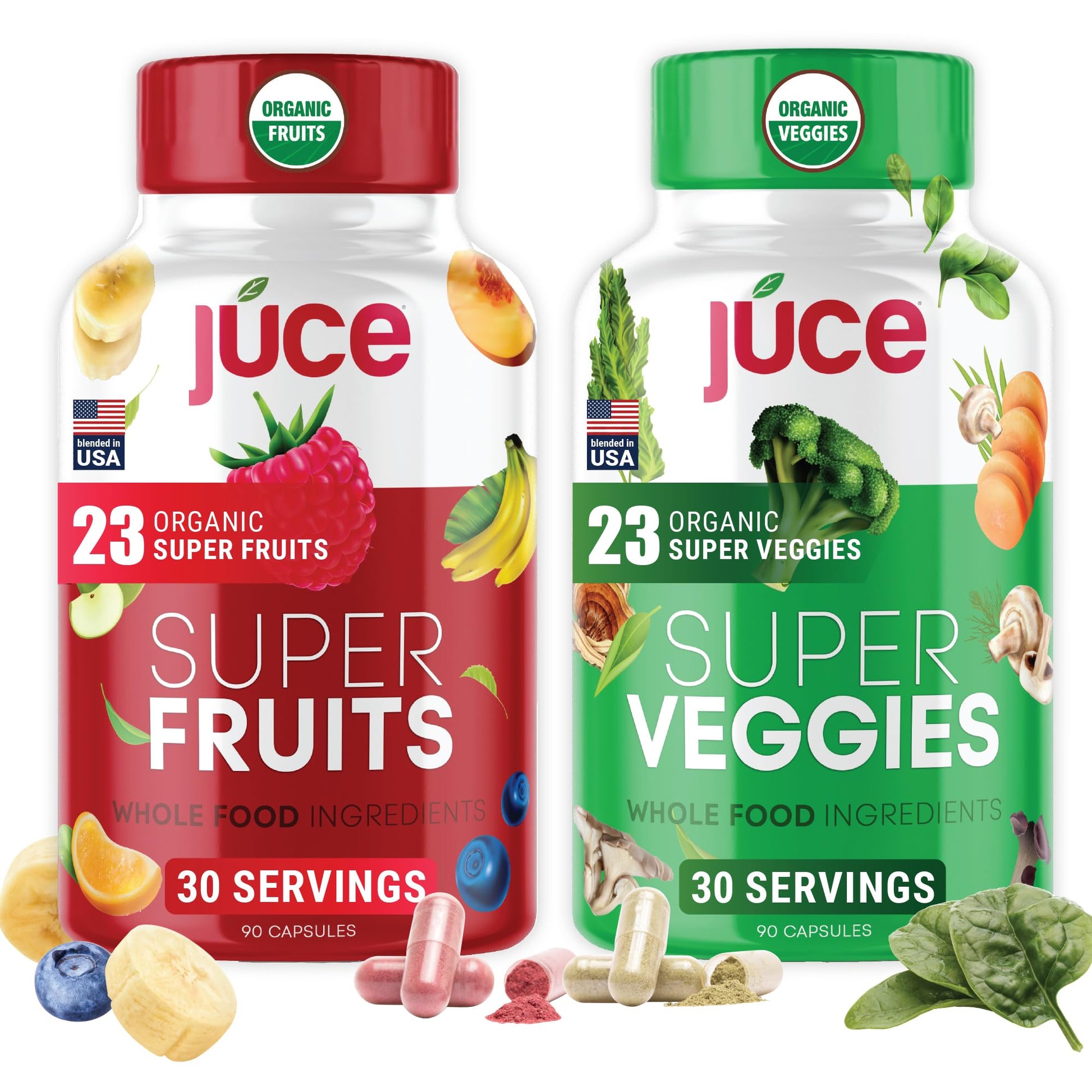 Juce Original Formula - Organic Super Fruit & Veggies Supplement - Gluten/Gelatin Free, Soy Free & Vegan- Reds & Greens Superfood Capsules- 23 Fruits & 23 Vegetables (180 Count)- By Terra Kai Organics Terra Kai Organics buy supplements Au
