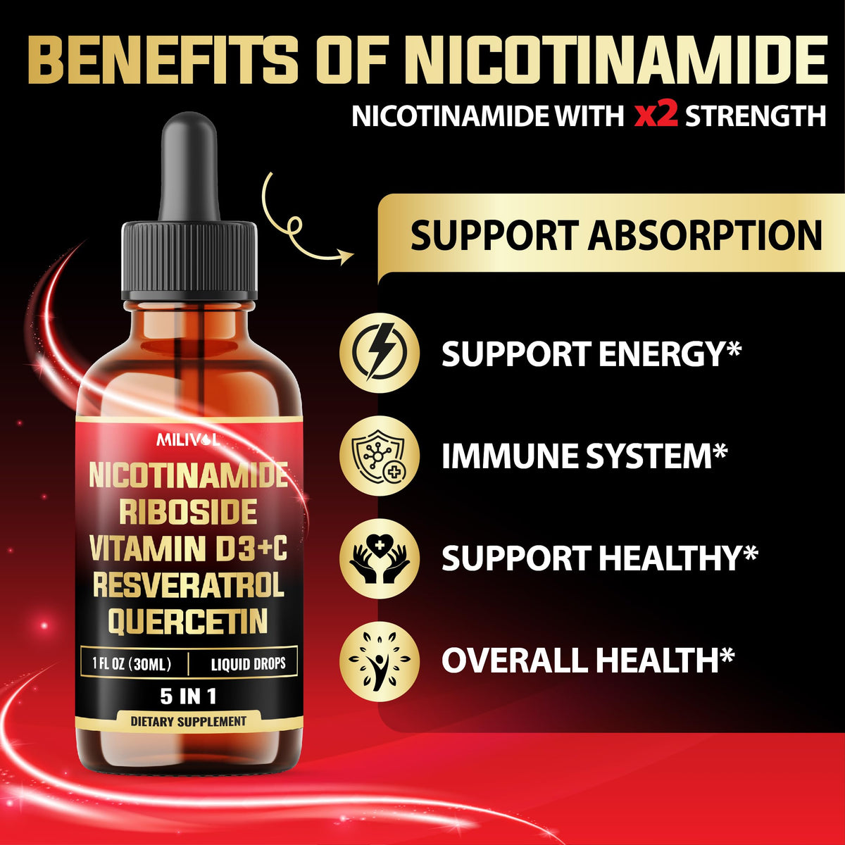 MILIVOL 5in1 NAD+ Liquid Drops w/Nicotinamide Riboside NR 900mg, Quercetin 500mg, Trans-resveratrol 500mg, Vitamin D3-C - Cellular Energy & Repair, Vitality, Healthy Aging - 1FL Oz - 1 Month Supply MILIVOLBuy Supplements Australia