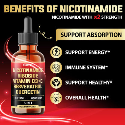 MILIVOL 5in1 NAD+ Liquid Drops w/Nicotinamide Riboside NR 900mg, Quercetin 500mg, Trans-resveratrol 500mg, Vitamin D3-C - Cellular Energy & Repair, Vitality, Healthy Aging - 1FL Oz - 1 Month Supply MILIVOLBuy Supplements Australia