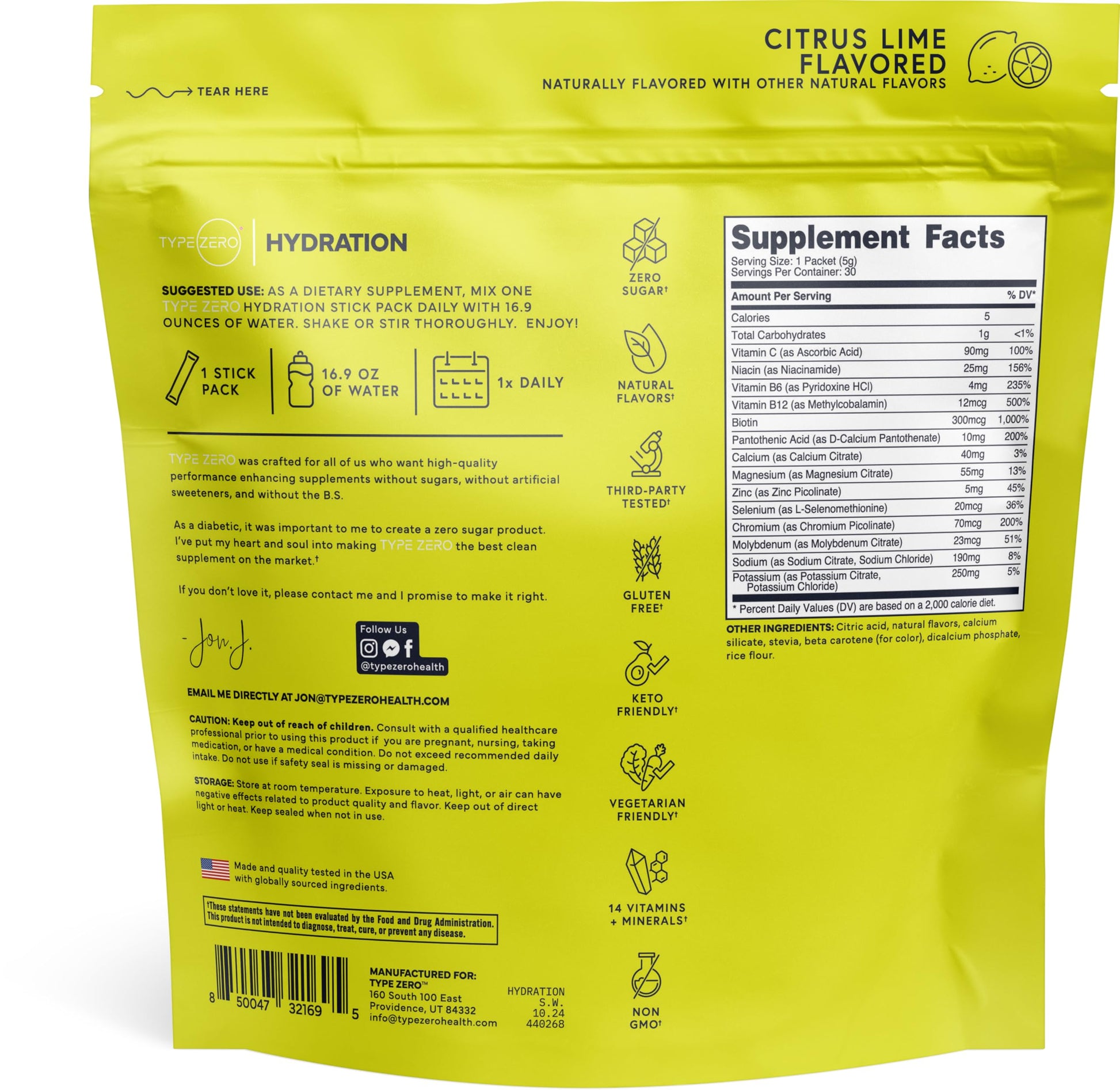 Type Zero Clean Hydration + Electrolytes Drink Mix (30 Single-Serving Packets) (Citrus Lime Flavored) - Advanced Hydration for Any Occasion Type ZeroBuy Supplements Australia