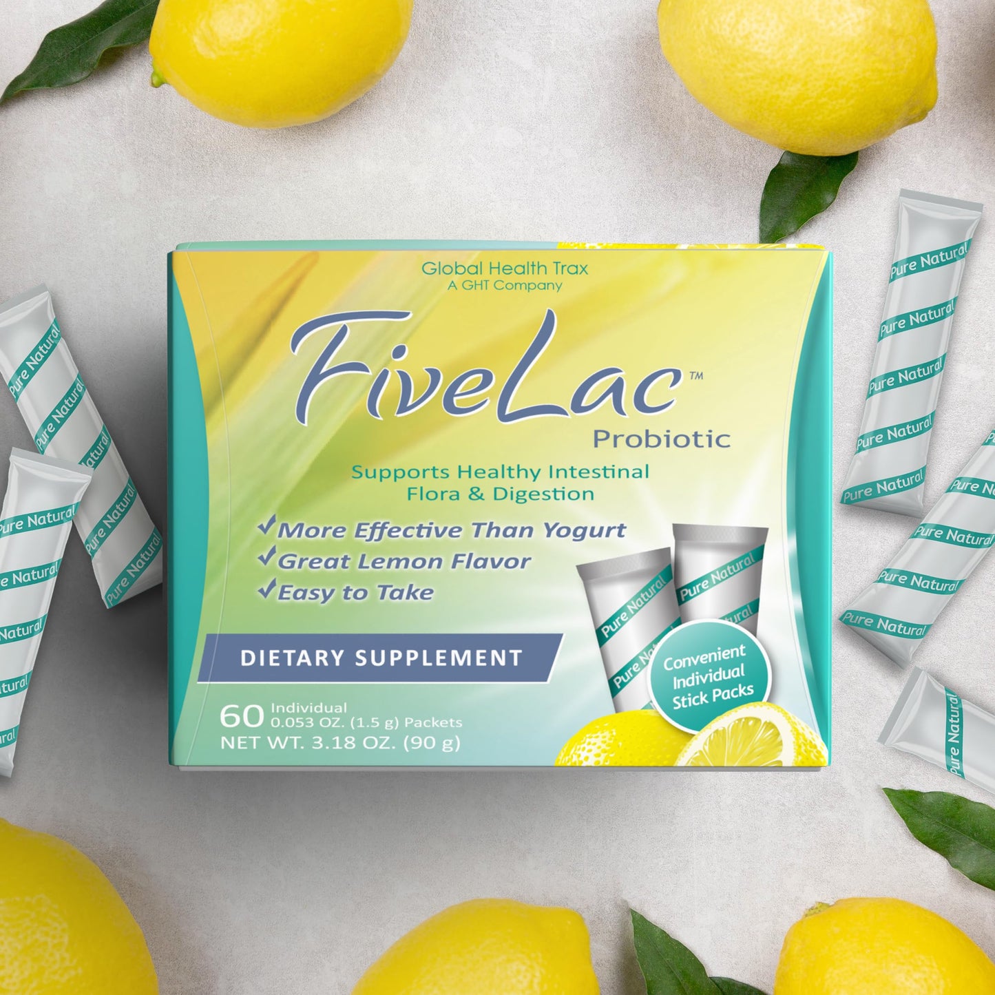 GHT - FiveLac Lemon Probiotic Powder Drink Mix, Probiotics for Women, Men, and Kids - Smooth Digestive Support and Elimination - Relieves Occasional Constipation and Gas - 60 Packets (3 Pack) Non-GMO ght Global Health TraxBuy Supplements Australia
