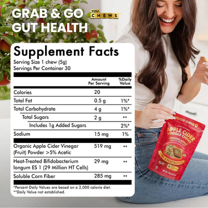 YouChews Apple Cider Vinegar Chews Better Than Apple Cider Gummies - Bloating Relief for Women and Men, 500mg Organic ACV with Prebiotics & Postbiotics, Low Sugar, Caramel Flavor, 30 Count YouChewsBuy Supplements Australia