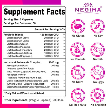 Negima Menopause Supplements for Women, 120 Billion CFUs Probiotics for Women, 13-in-1 Herbs & Botanicals Complex, for Menopause - 60 Caps NegimaBuy Supplements Australia