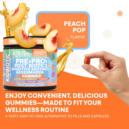 Clean Nutra Kids Probiotics Gummies with Prebiotics, Postbiotics, Digestive Enzymes, Akkermansia, Boswellia Serrata, Turmeric, Chicory – 60 Count – Plant-Based Supplement for Kids – PeachPop Flavor Clean NutraceuticalsBuy Supplements Australia
