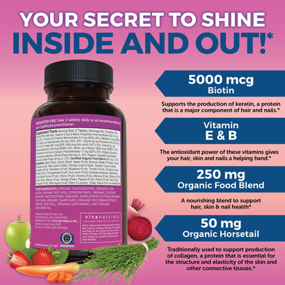 Biotin 5000 mcg Hair Skin Nails Vitamins for Women – Organic and Vegetarian-Friendly Supplement with Vitamin E, B-Vitamins, Spirulina Viva NaturalsBuy Supplements Australia