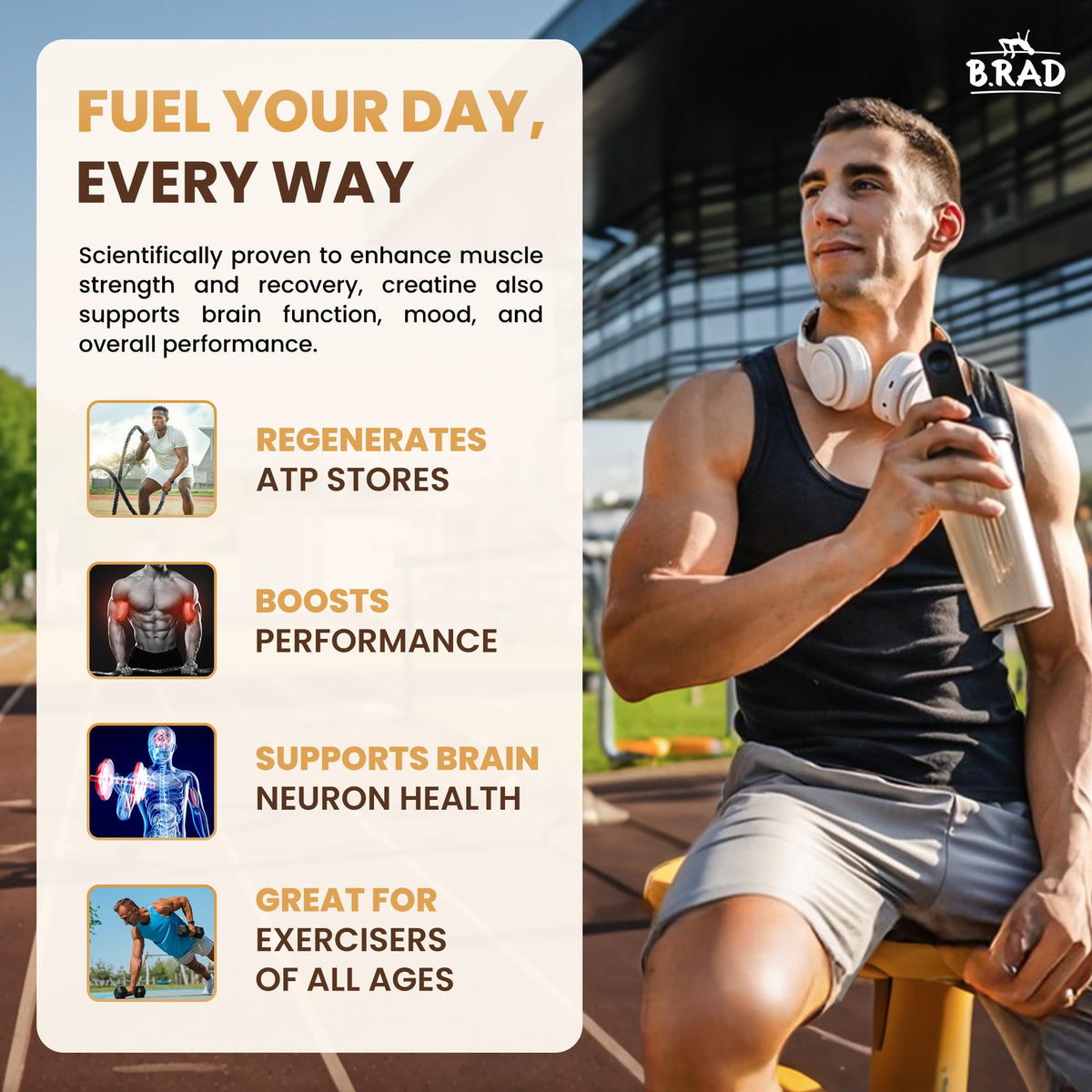 B.rad 100% Pure Micronized Creatine Monohydrate Powder | Natural, No Additives | Boosts Muscle Strength, Recovery & Performance | Supports Brain Health | 300g, 60 Servings B.radBuy Supplements Australia