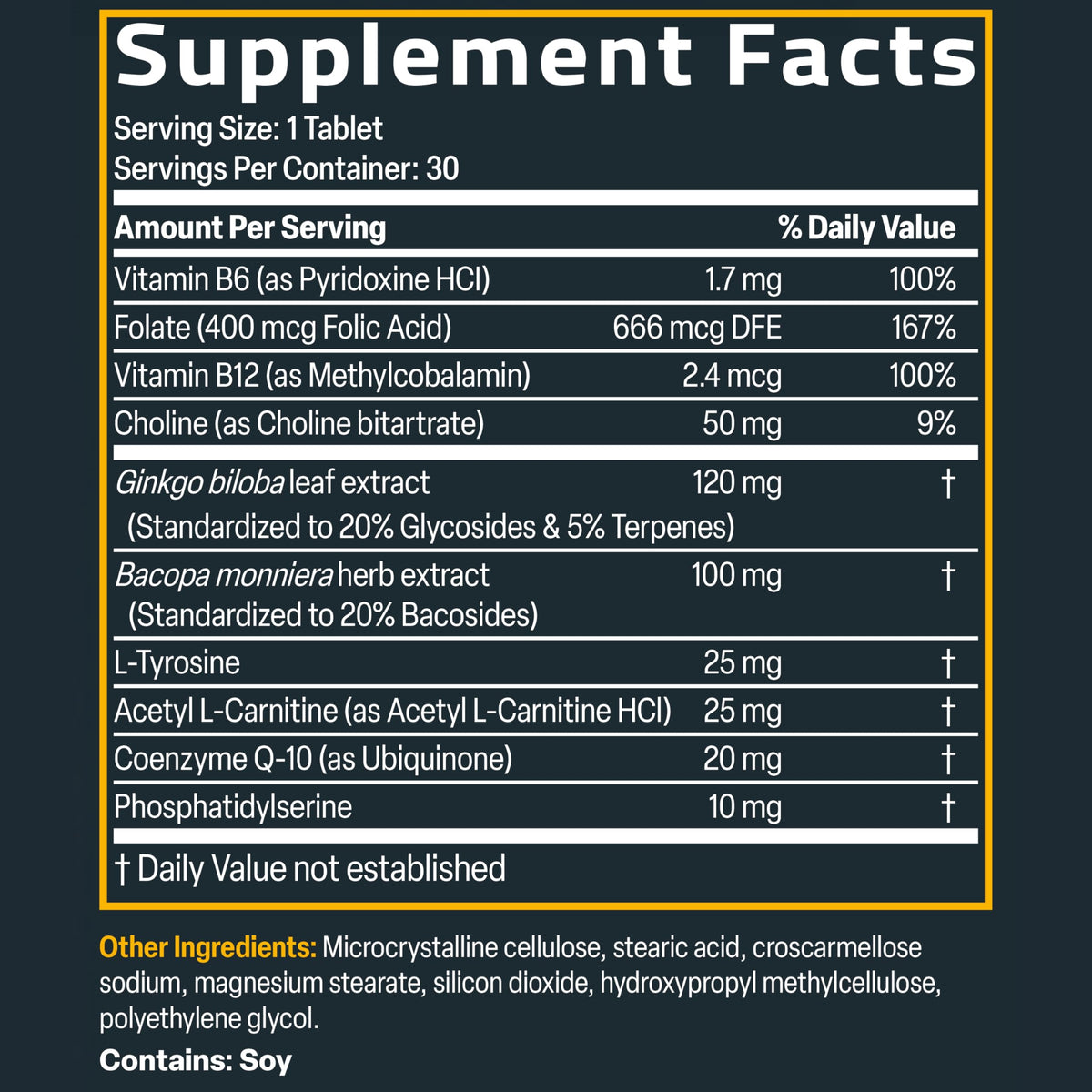 Bronson Ginkgo, Bacopa & Acetyl L-Carnitine Brain & Memory Support Complex with L-Tyrosine, Choline, CoQ10 & Phosphatidylserine Plus Key B Vitamins Non-GMO, 30 Tablets BronsonBuy Supplements Australia