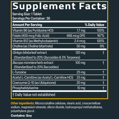 Bronson Ginkgo, Bacopa & Acetyl L-Carnitine Brain & Memory Support Complex with L-Tyrosine, Choline, CoQ10 & Phosphatidylserine Plus Key B Vitamins Non-GMO, 30 Tablets BronsonBuy Supplements Australia