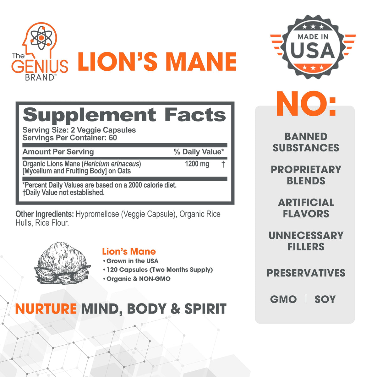 Genius Lions Mane Supplement Capsules - Organic Nootropic Supplement, 1200mg per The Genius BrandBuy Supplements Australia