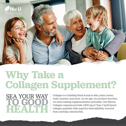 Marine Collagen with Hyaluronic Acid, Vitamin C - 90 Hydrolysed Capsules (not Tablets) - Premium High Strength Collagen Nu U NutritionBuy Supplements Australia
