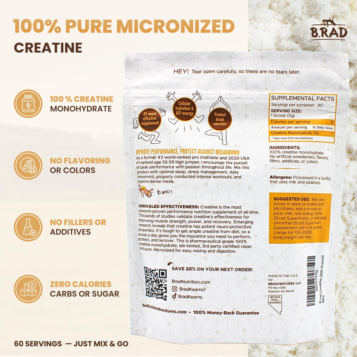 B.rad 100% Pure Micronized Creatine Monohydrate Powder | Natural, No Additives | Boosts Muscle Strength, Recovery & Performance | Supports Brain Health | 300g, 60 Servings B.radBuy Supplements Australia