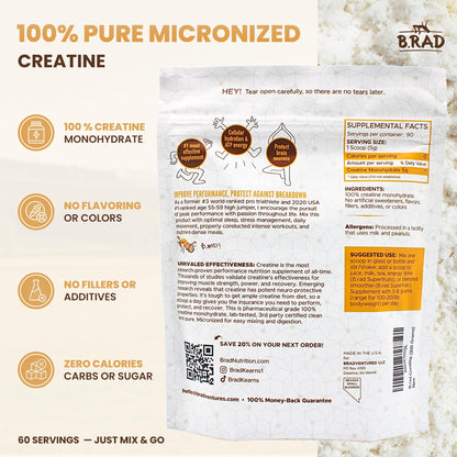 B.rad 100% Pure Micronized Creatine Monohydrate Powder | Natural, No Additives | Boosts Muscle Strength, Recovery & Performance | Supports Brain Health | 300g, 60 Servings B.radBuy Supplements Australia