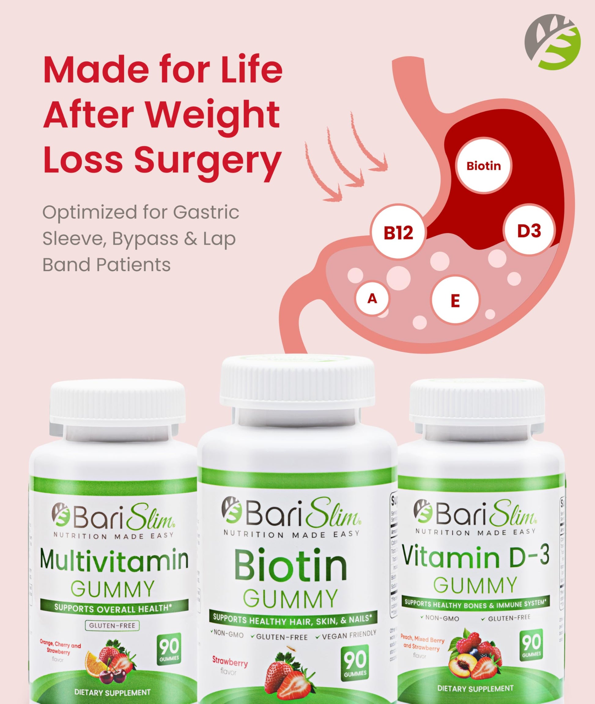BariSlim Bariatric Multivitamin Gummies - Specially Formulated Gummy Vitamin for Patients After Weight Loss Surgery - Easy to Digest & Great Tasting Fruit Flavors | Pack of 3 | 90 Fruit Chews BariSlim buy supplements Au