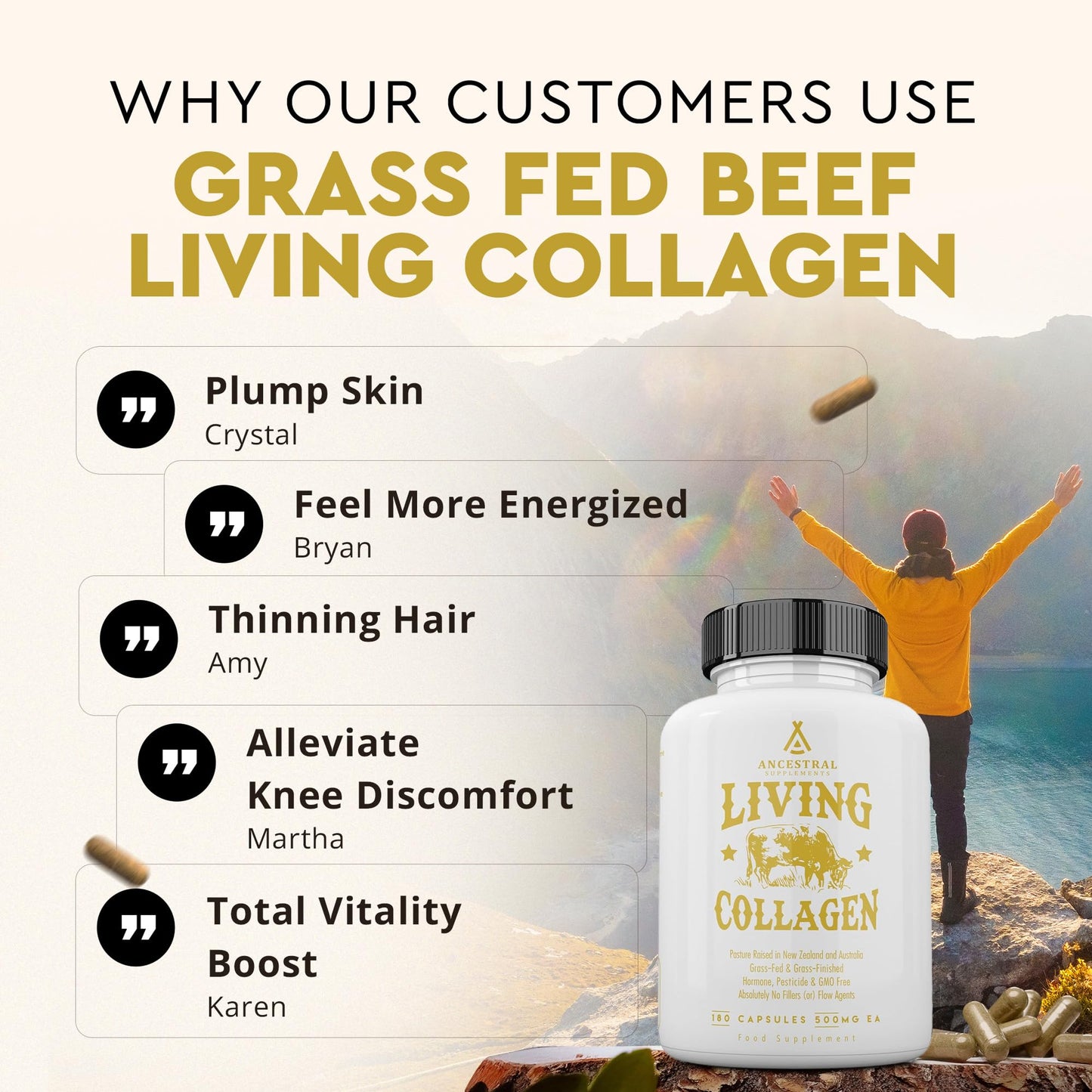 Ancestral Supplements Grass Fed Beef Living Collagen Nutritional Powder Supplement, 3000mg, Promotes Healthier, Younger Looking Skin, Hair, Nails and Joints, Type II, 180 Capsules Ancestral Supplements buy supplements Au