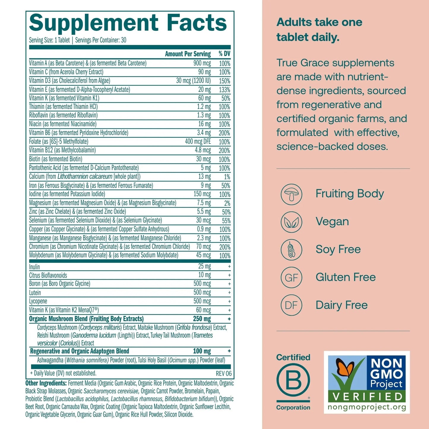 True Grace One Daily Women’s Multivitamin Fermented Minerals, Organic Adaptogens & Mushrooms Whole Body Balance, Immune, Energy, Beauty Support True Grace