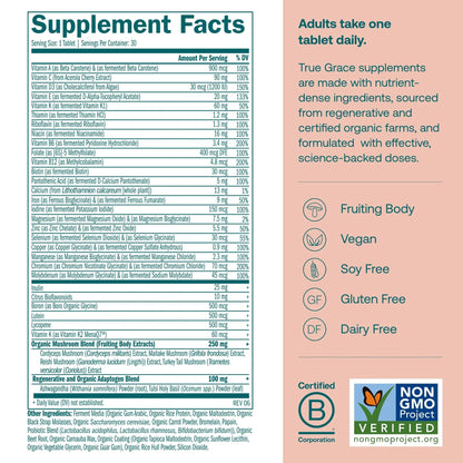 True Grace One Daily Women’s Multivitamin Fermented Minerals, Organic Adaptogens & Mushrooms Whole Body Balance, Immune, Energy, Beauty Support True Grace