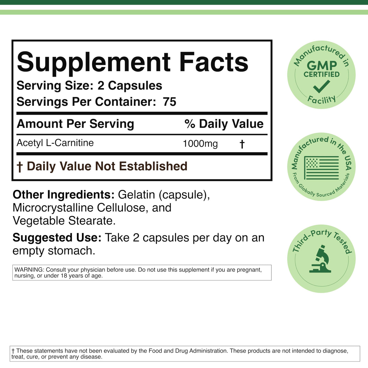 Acetyl L-Carnitine 1,000mg Per Serving, 150 Capsules (ALCAR for Brain Function Support, Memory, Attention, and Stamina) Acetyl L Carnitine That is Third Party Tested by Double Wood Double Wood SupplementsBuy Supplements Australia