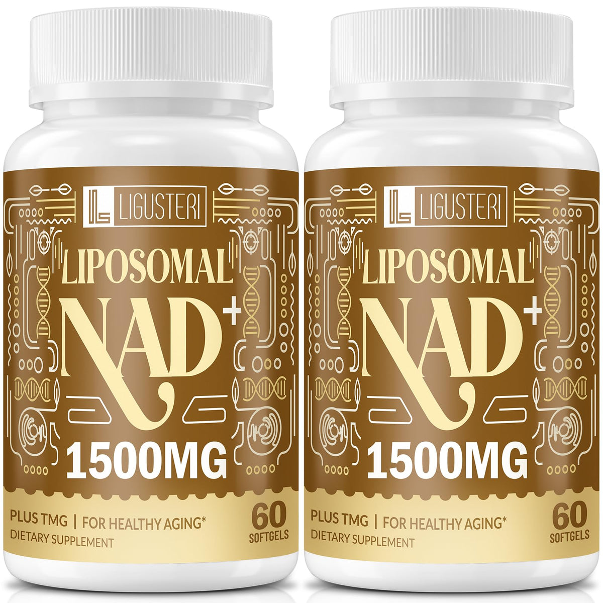 Two bottles of Ligusteri Liposomal NAD+ 1500MG dietary supplements on a white background.