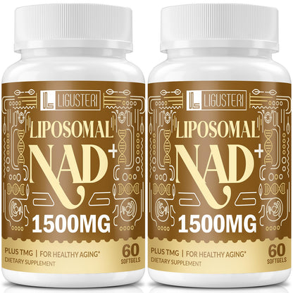 Two bottles of Ligusteri Liposomal NAD+ 1500MG dietary supplements on a white background.