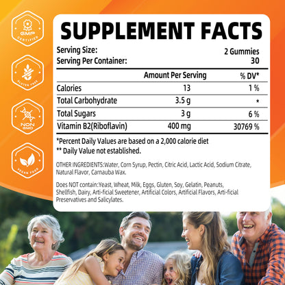 Joywiit Vitamin B2 Gummies | Riboflavin 400mg | B2 Vitamin 400mg Chewable for Adults and Kids, Migraine Relief & Energy and Nervous System Support