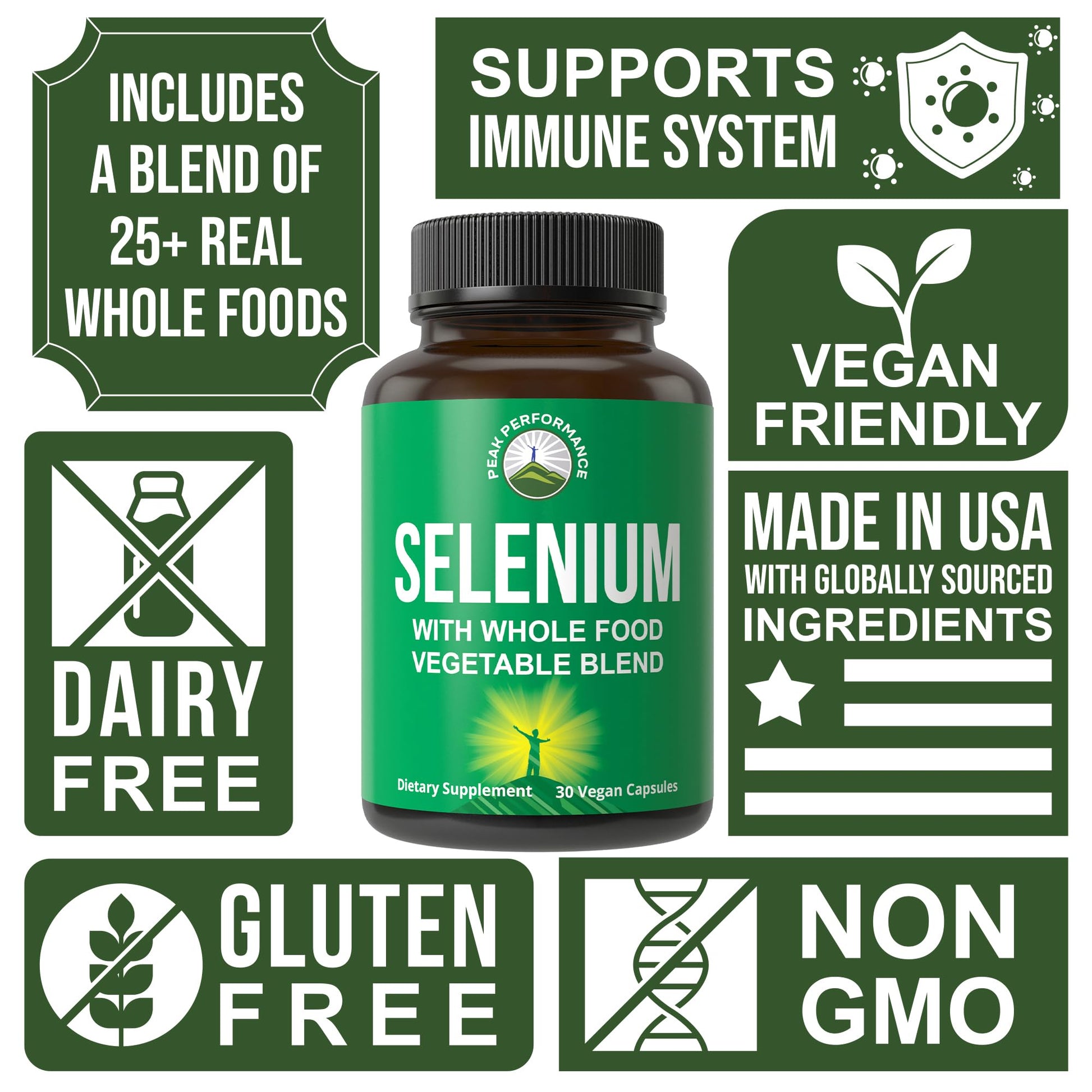 Selenium Supplement with Whole Food Blend of 25+ Vegetables and Fruits for Max Absorption. Pure Selenium Vegan Capsules for Immune System, Thyroid Support, Heart Health, Prostate Support. 30 Pills Peak PerformanceBuy Supplements Australia
