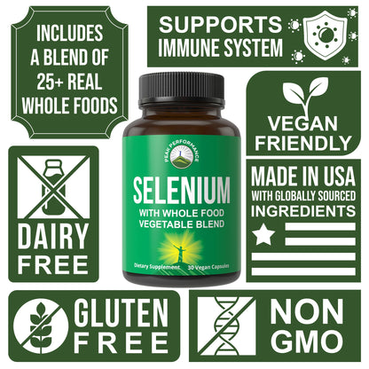 Selenium Supplement with Whole Food Blend of 25+ Vegetables and Fruits for Max Absorption. Pure Selenium Vegan Capsules for Immune System, Thyroid Support, Heart Health, Prostate Support. 30 Pills Peak PerformanceBuy Supplements Australia